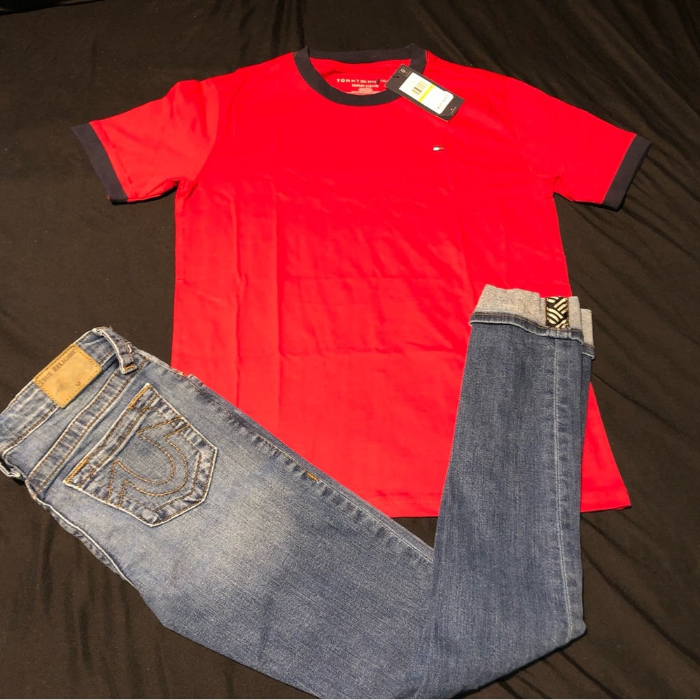 New Tommy Hilfiger Red Tee with True Religion Skinny Jeans for Boys
